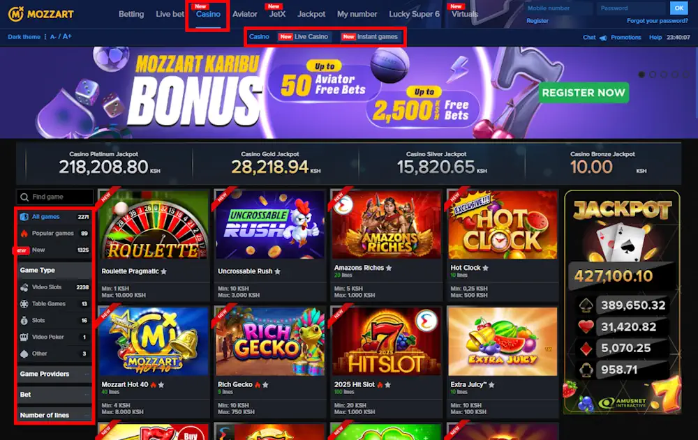 MozzartBet Kenya Casino games Screenshot